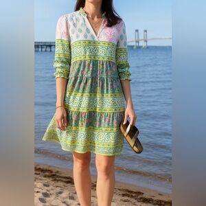 Charlee Boho Tiered Cotton Dress women’s Small Green Yellow Pink Floral boho